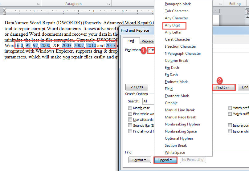 Enter "^#" in "Find what" Text Box->Click "Find In"->Choose "Main Document"